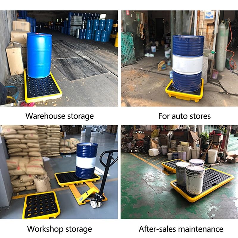 PFCDZDU Spill Containment Platform, Stackable Polyethylene Oil Drum Pallet with Drain, Detachable Modular Grating Tray for Industrial Kitchen Garage(Yellow-1pcs,28.3x28.3x6.3IN)