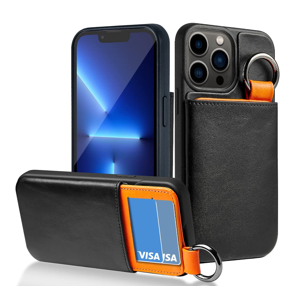 LAMEEKUfor iPhone 13 Pro Wallet Case 6.1",Genuine Leather iPhone 13 Pro Card Holder Leather Case [RFID Blocking], Shockproof TPU Protective Phone Cover Credit Slot for iPhone 13 Pro 6.1" Black