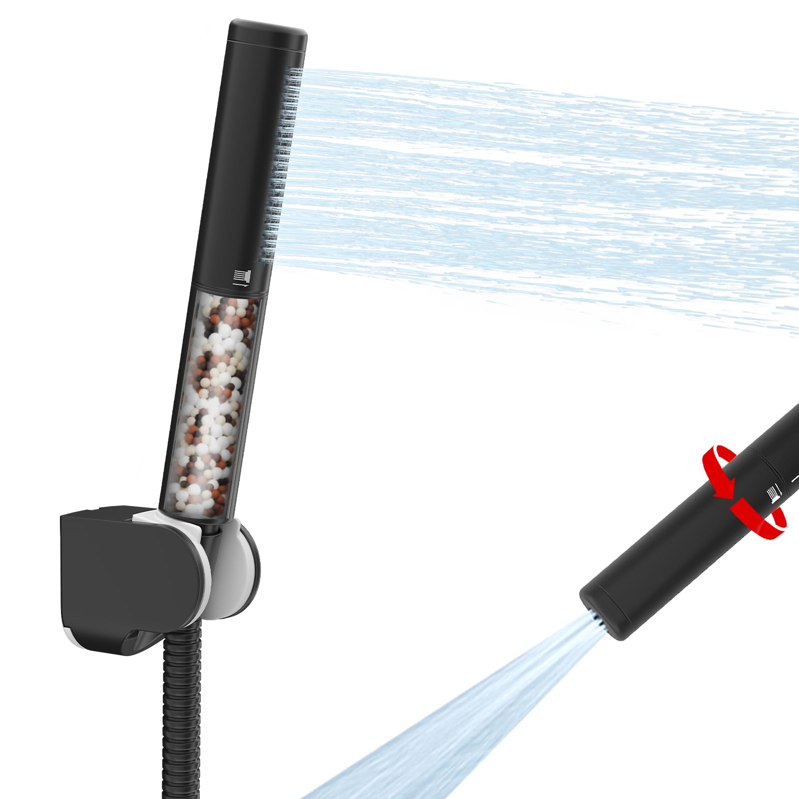 BESy Cabezal de ducha de mano 2 en 1 de latón con función filtrada, cabezal de ducha de alta presión con filtro de alto flujo con soporte de manguera de 59 pulgadas para agua dura, negro mate