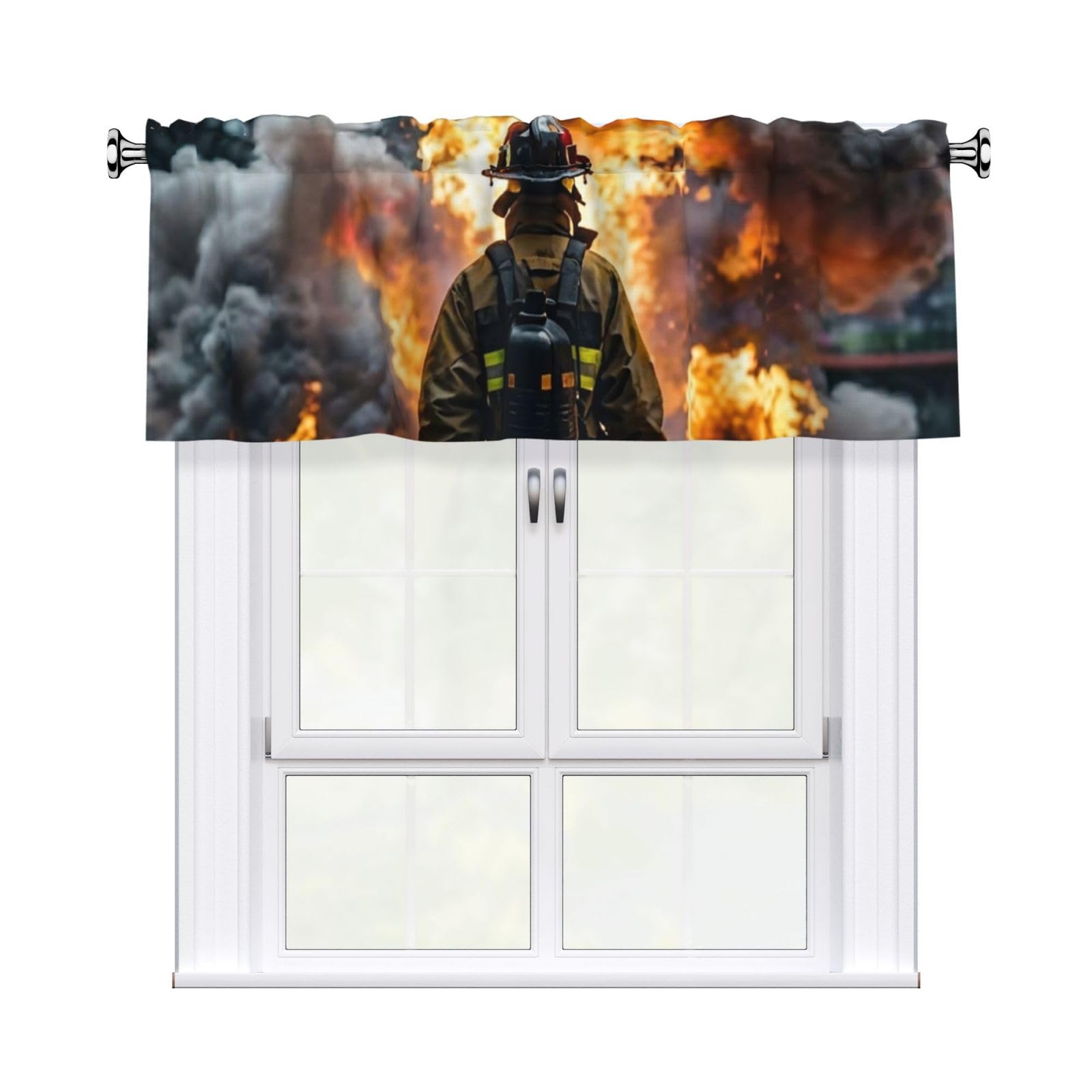 HJKJKKJ Window Valance 137x 46 CM Kitchen Curtains Firefighter Fireman Flame Valances for Windows Vintage Short Window Curtains Farmhouse Rod Pocket Decorative Curtain Valance for Bedroom Bathroom