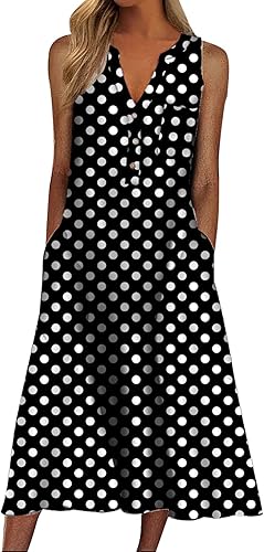 OJinShaWanO Vestidos tipo camiseta para mujer casual de verano a rayas con botones cuello en V sin mangas para playa con bolsillo