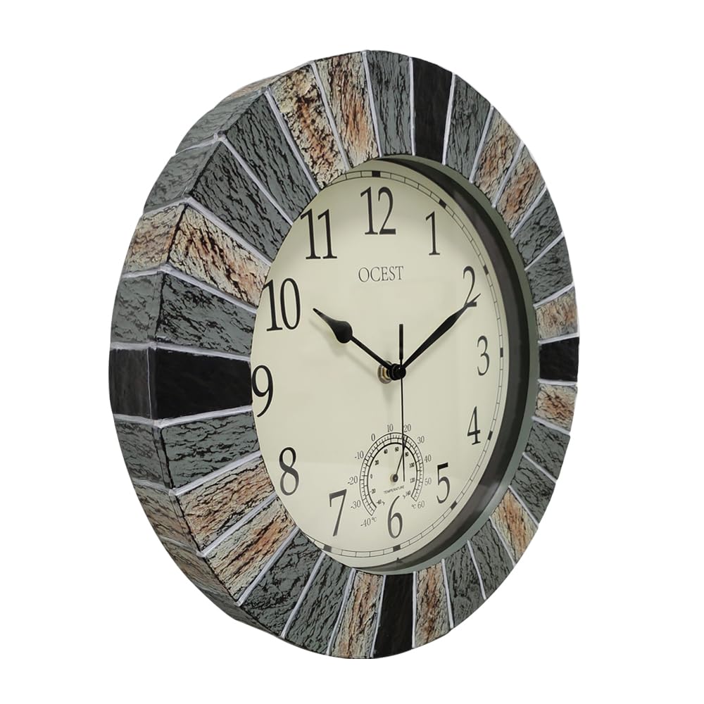 OCEST Horloges de jardin étanches de 33 cm, grande horloge murale rétro avec thermomètre, fonctionne à piles, horloges décoratives sans tic-tac, pour terrasse, piscine, cuisine