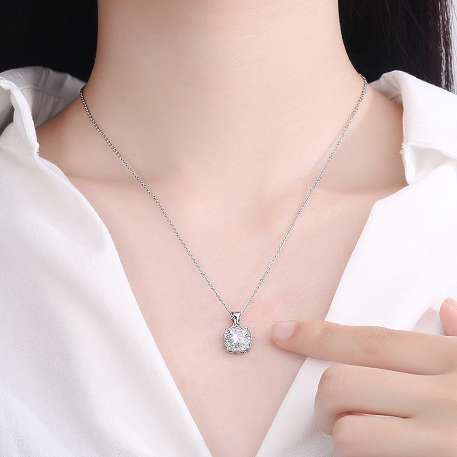 Collana Matrimonio Oro Bianco 375/585/750, Collana Ciondolo Semplice Donna con Diamante Sintetico, Catena Regolabile 40+5 cm