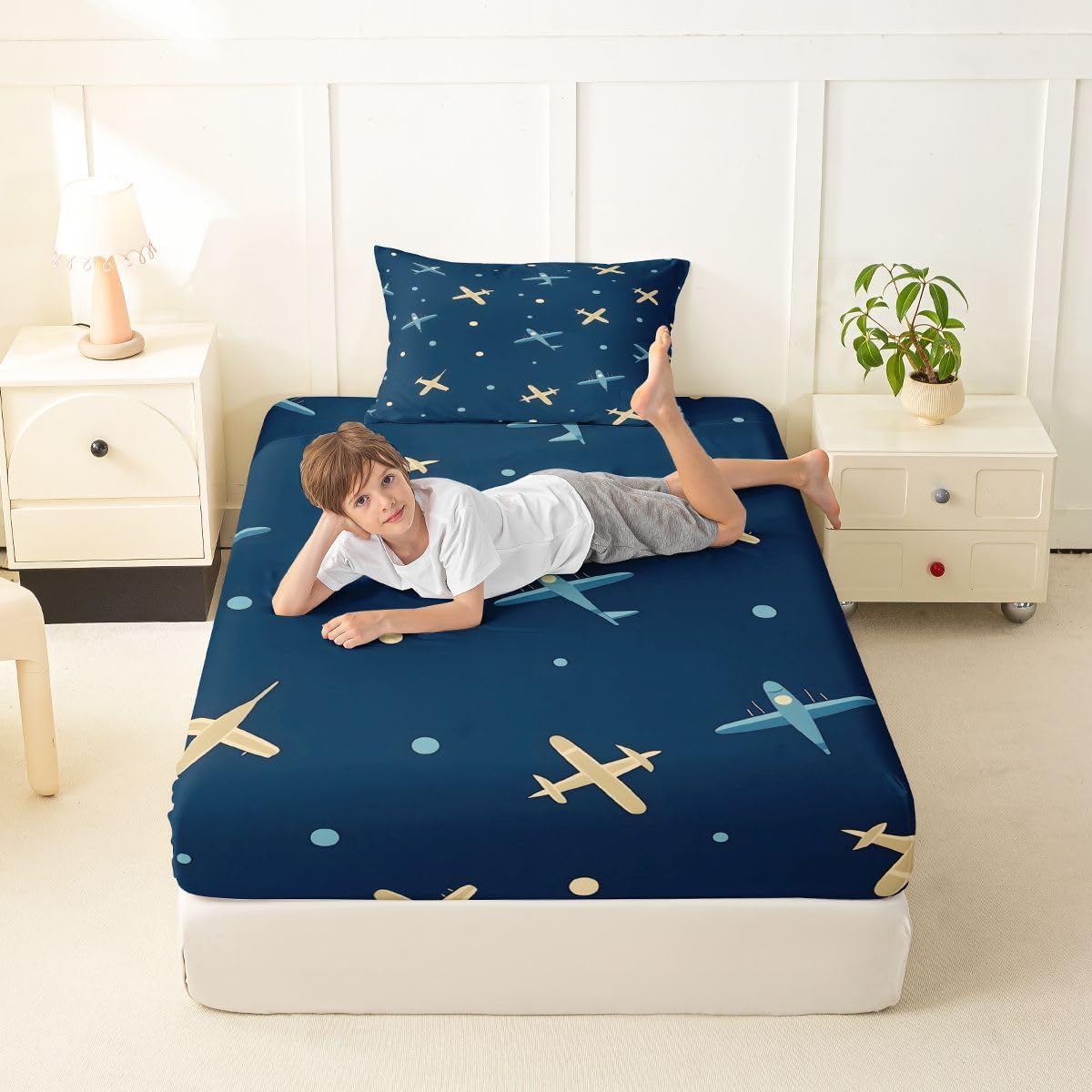 Erosebridal Cartoon Airplanes Fitted Sheet Twin Size