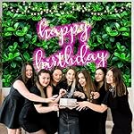 7x5ft Green Leaves Happy Birthday Decoration for Women Shiny Pink Neon Sign Party Backdrop Banner for Girl Princess 20th 30th 40th 50th Birthday Background Photo Booth Props - Image 5