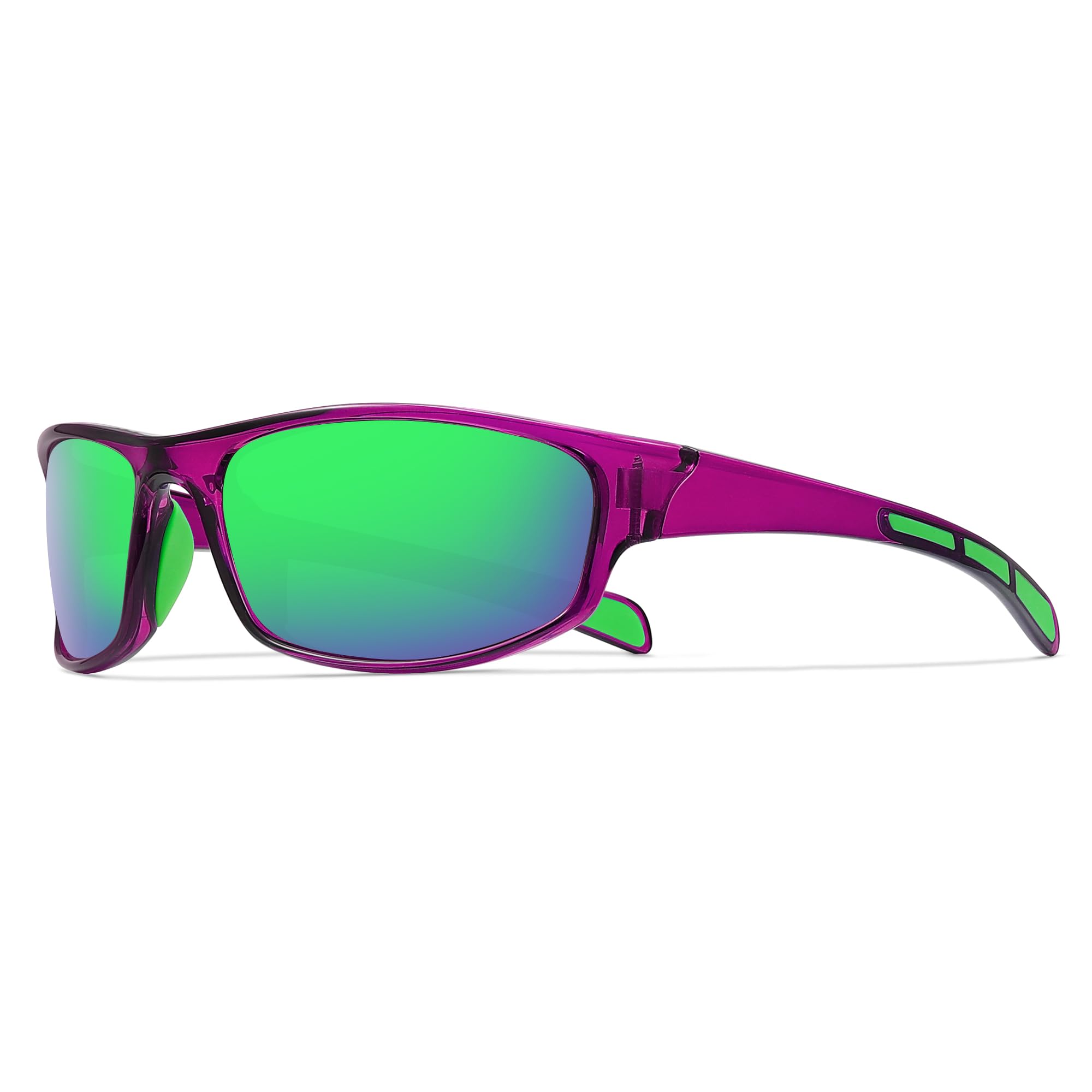 Ofwin Polarized Sports Sunglasses for Men Women Wrap Around Fishing Cycling Driving Running UV Protection, Transparent Purple Frame/Green Mirrored Lenses, One Size