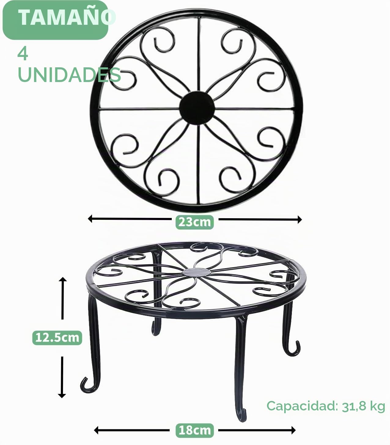 LATERN 4 Piezas Soportes de Metal para Plantas, 23CM Soporte Resistente para Macetas Estante Redondo de Hierro Inoxidable para Contenedores para Hogar Aire Libre Patio Jardín Decoración (Negro)