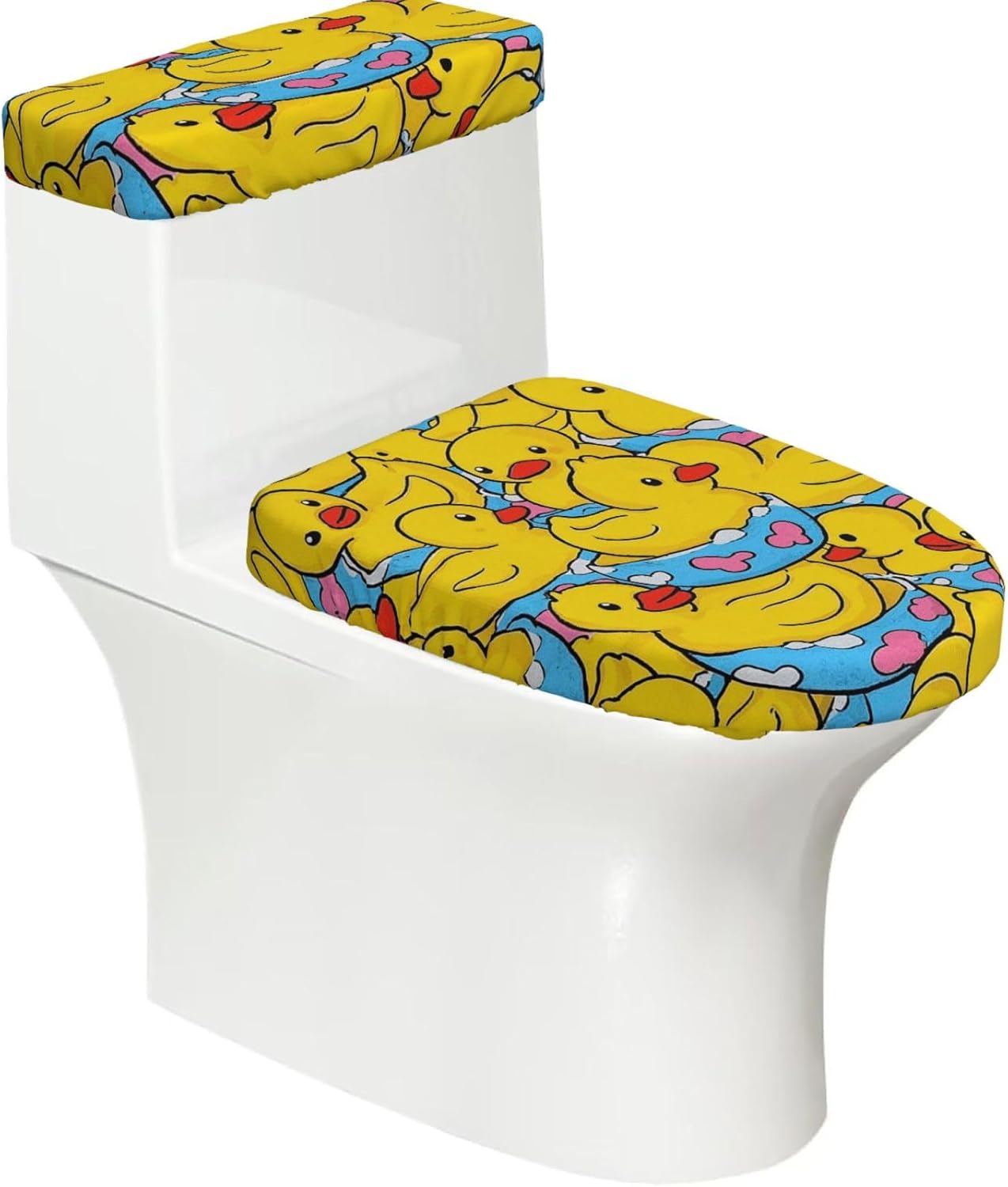 2 Pcs Toilet Lid Cover and Toilet Tank Lid Cover, Washable Toilet Cover with Elastic Bottom Replacement Soft Stretch Toilet Seat Cover Set Cartoon Rubber Duck Bathroom Decor