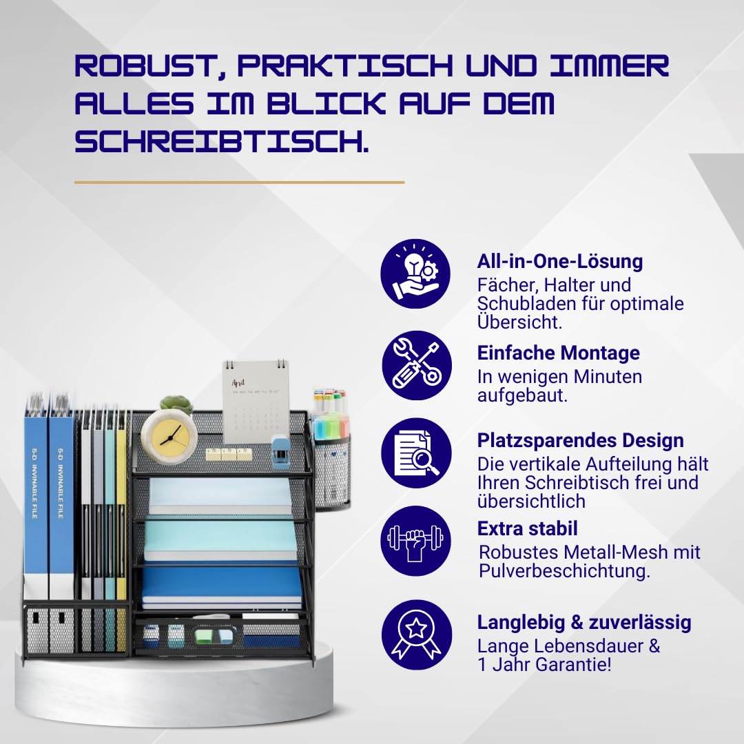 Lukana Schreibtisch Organizer mit 5 Ablagen – Briefablage, Stiftehalter & Schublade – Büro Organizer aus Metall Mesh – Dokumentenablage A4 – Platzsparend Schwarz