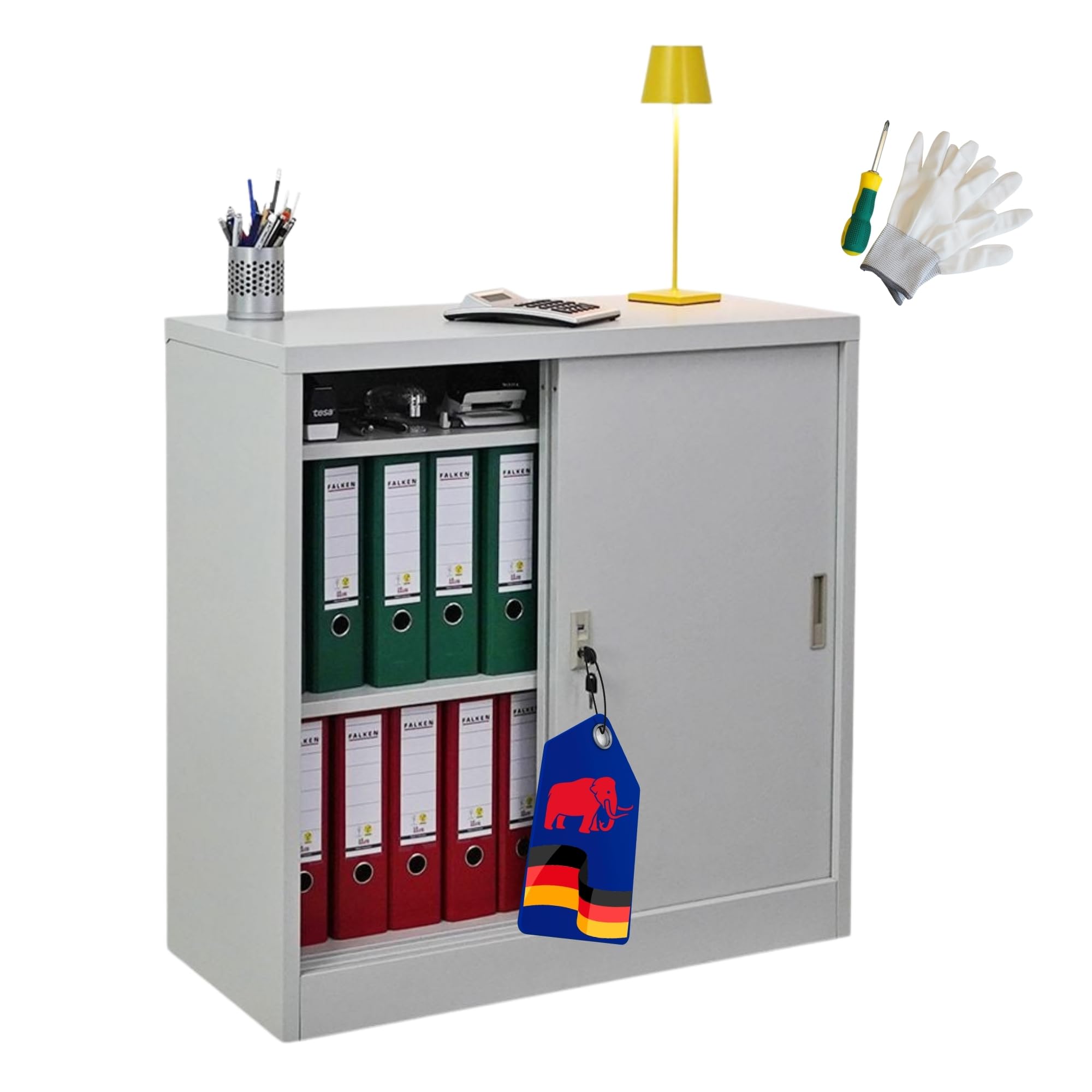 PROREGAL Aktenschrank Elephant mit abschließbaren Schiebetüren | HxBxT 90x90x40cm | 2 Fachböden | Lichtgrau | Metallschrank abschließbar Lagerschrank Ordnerschrank Büroschrank
