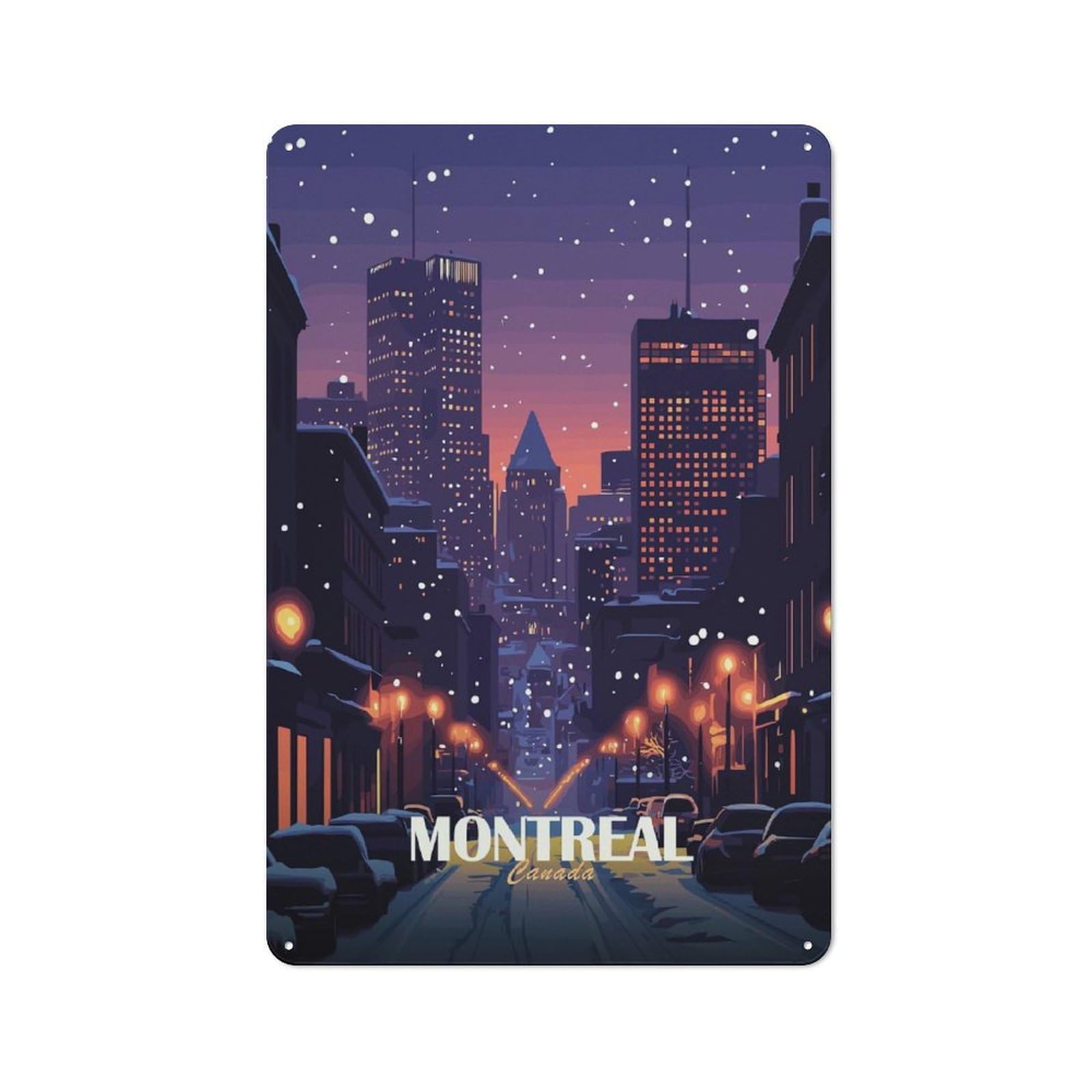 Junmoney Style Tin Wall Plaque 30X20cm With Montreal Canada Winter Cityscape For Hobby Room Or Studio, For Themed Interiors In Hobby Rooms And Studios
