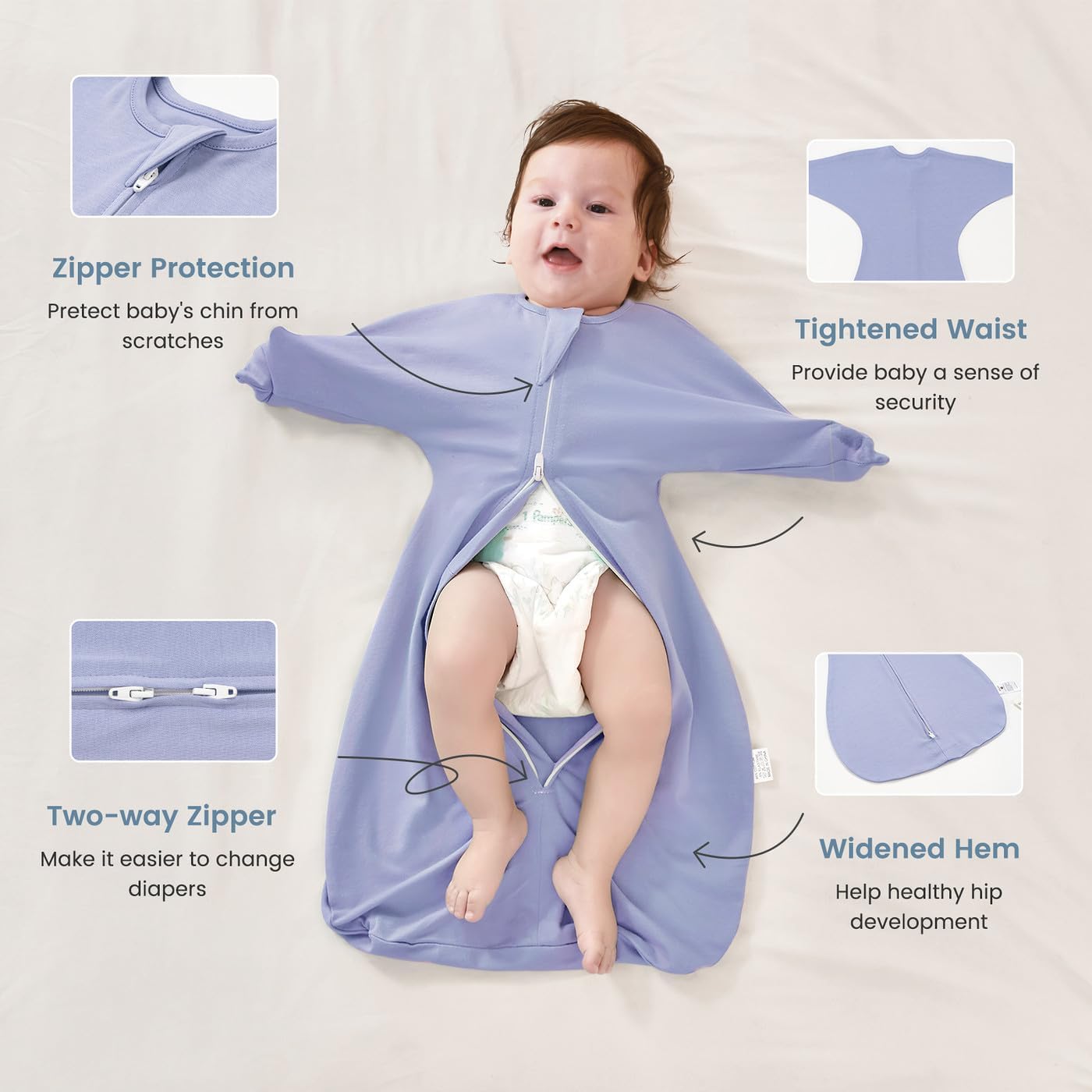 ZIGJOY Baby Transitional Swaddles for Newborns: 0.5 Tog Arms Up Sleep Sack 3-6-12 Months Soft Cotton Shark Fin 2 Way Zipper - Image 4