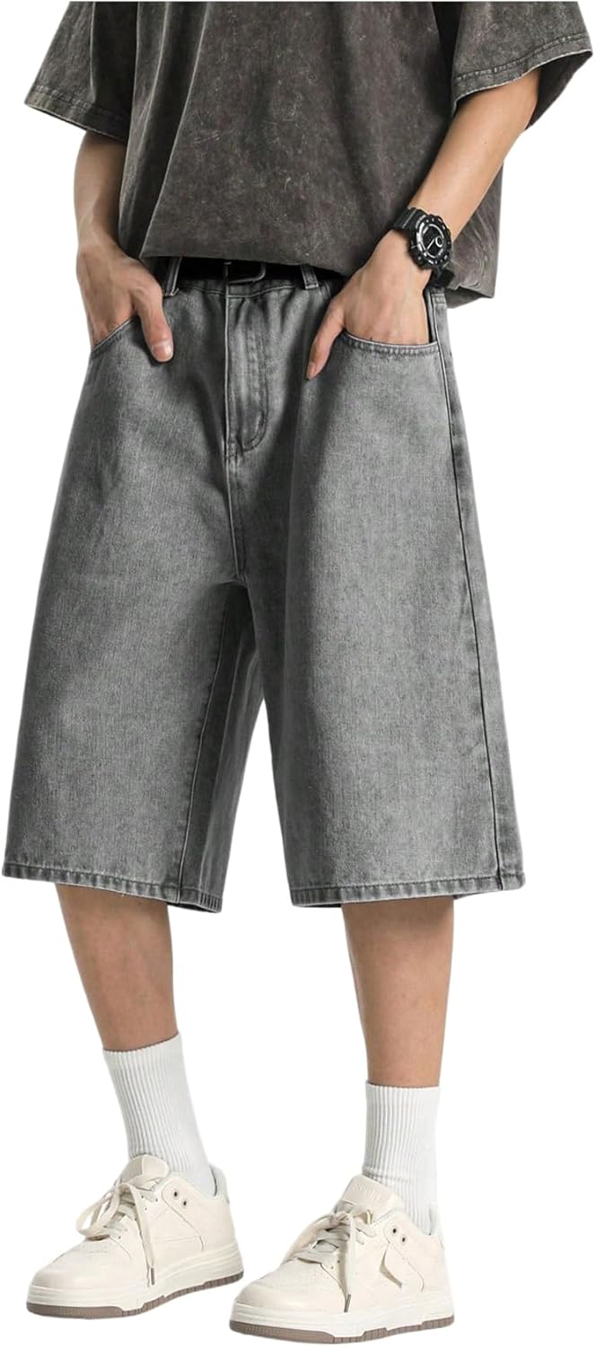Men's Baggy Jeans Shorts Wide Leg Loose Fit Y2K Hip Hop Long Denim Shorts Streetwear Below Knee Jorts