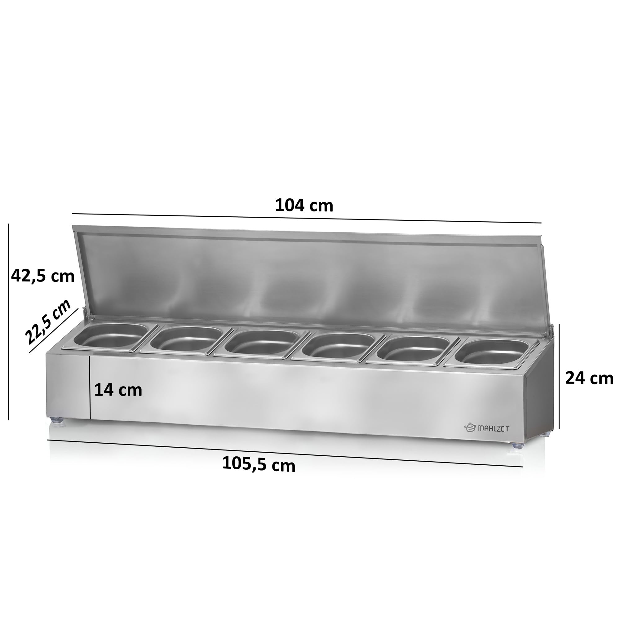 Mahlzeit Edelstahl Zutatenbehälter | 1/6 GN Catering Behälter mit Gummifüßen | Cocktail Zutatenbehälter Bar für Gastro, Küche, Pizza Station, Buffet Zubehör, Salatbar (6 x 1/6 GN Behälter)