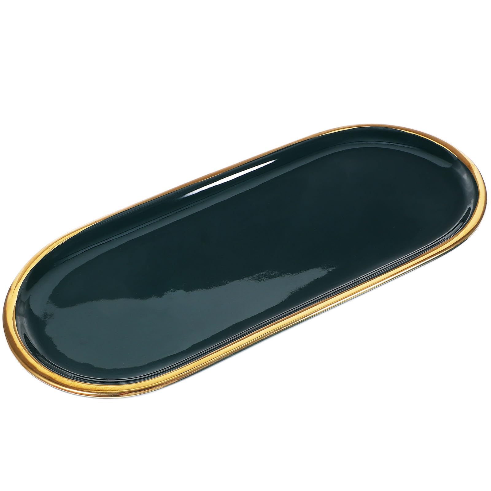 ORFOFE Bandeja Decorativa para Joyas de Cerámica Pequeña de 10 Pulgadas Borde Dorado Color Verde para Almacenamiento en Baño Dormitorio y Tocador Organizador Funcional y Elegante