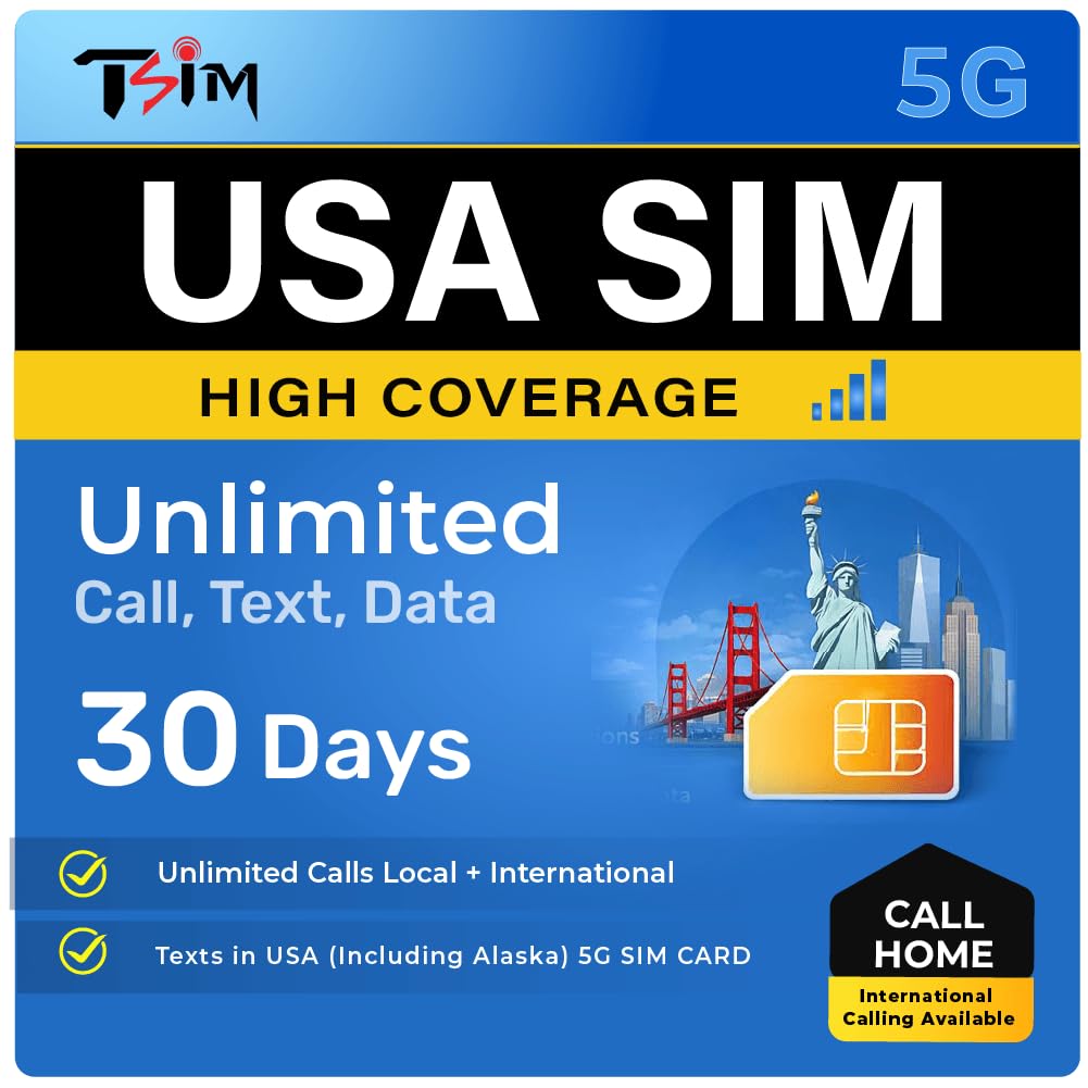 TSIM USA SIM-Karte 30 Tage mit Call Home, unbegrenzte Daten im AT&T-Netz, unbegrenzte lokale + internationale Anrufe/SMS in den USA (inkl. Alaska), 5G-SIM-Karte