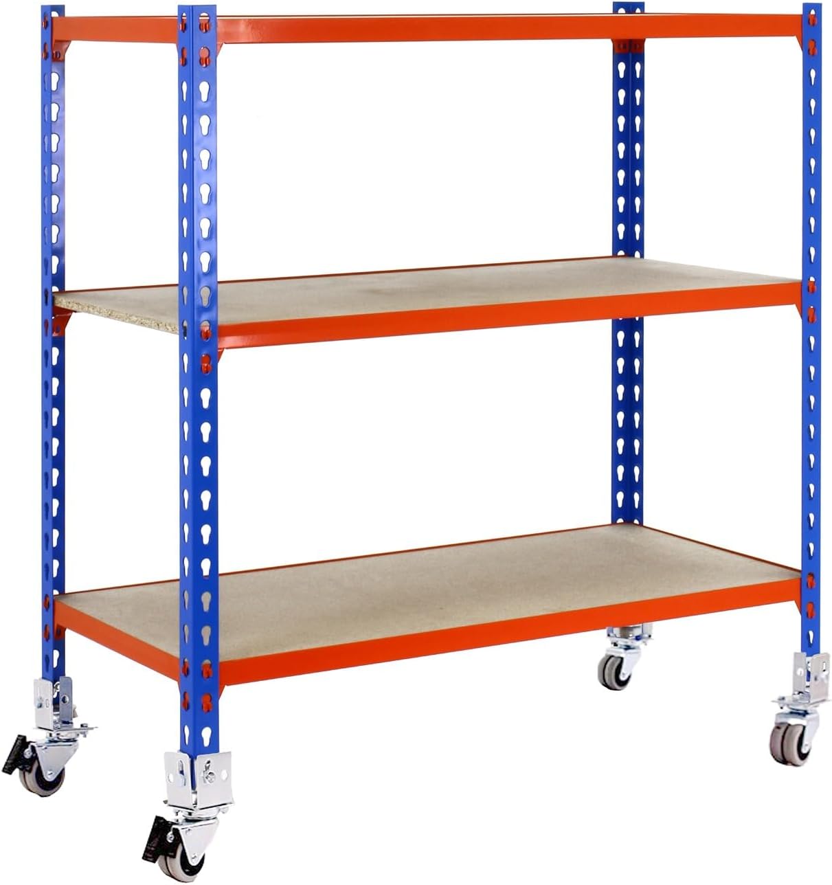 Simon Rack 1 Metal Shelving Storage 3 Levels Load Capacity 75 kg, Blue/Orange/Wood, 975 x 800 x 400