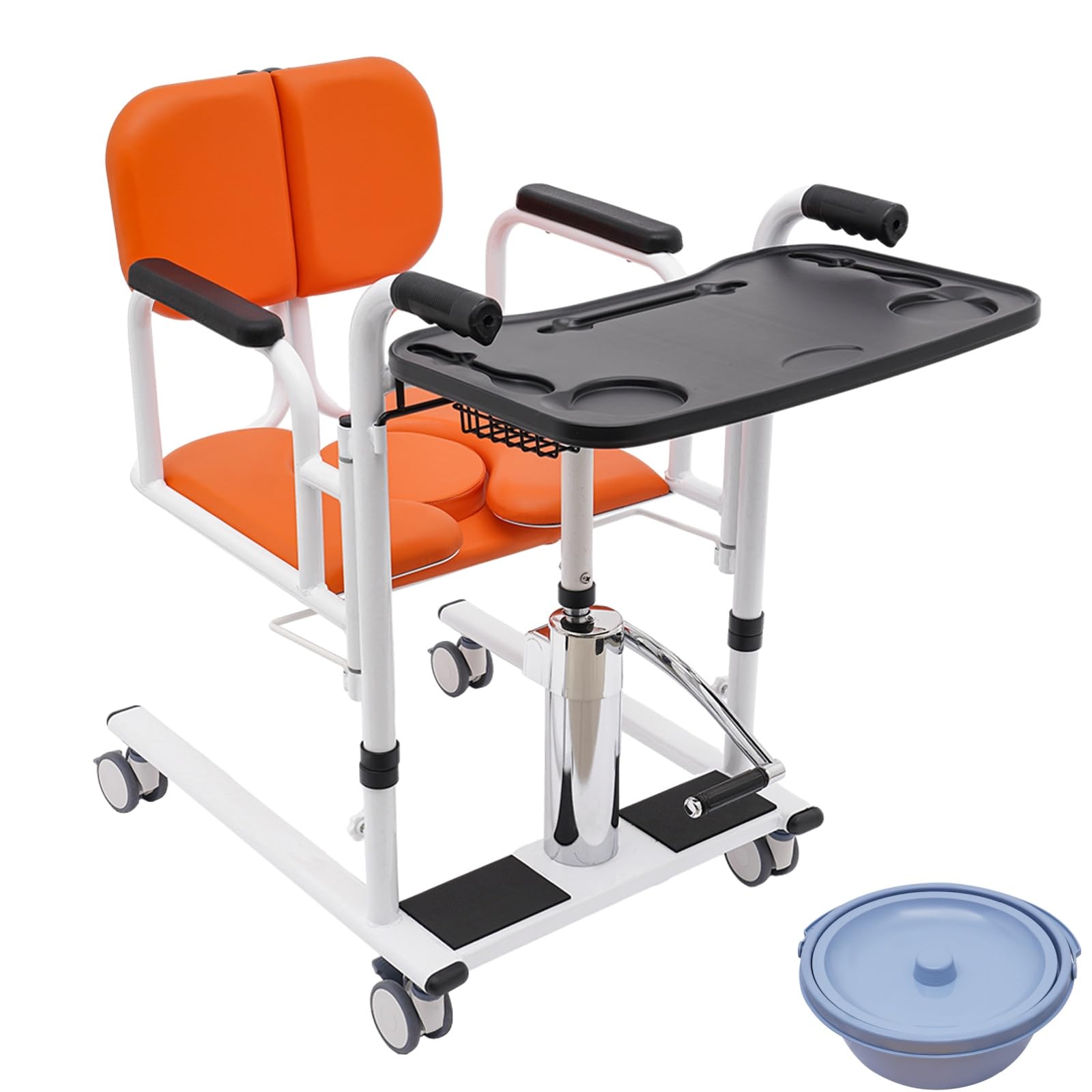 Sollevatore idraulico per pazienti con ruote, 150 kg, regolazione a 180°, altezza di sollevamento regolabile con piano rimovibile, vasino portatile, portabicchieri