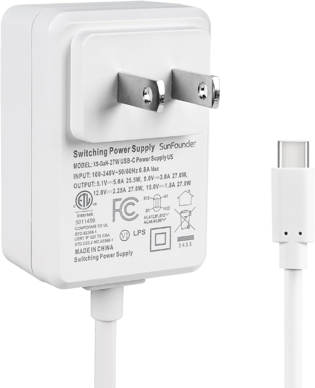 27W PD Power Supply for Raspberry Pi 5, 5.1V 5A GaN 1.2m 3.6ft USB-C Changer Adapter for Raspberry Pi 5 8G/4G/2G/Raspberry Pi 4/Pironman 5 (ETL Listed)