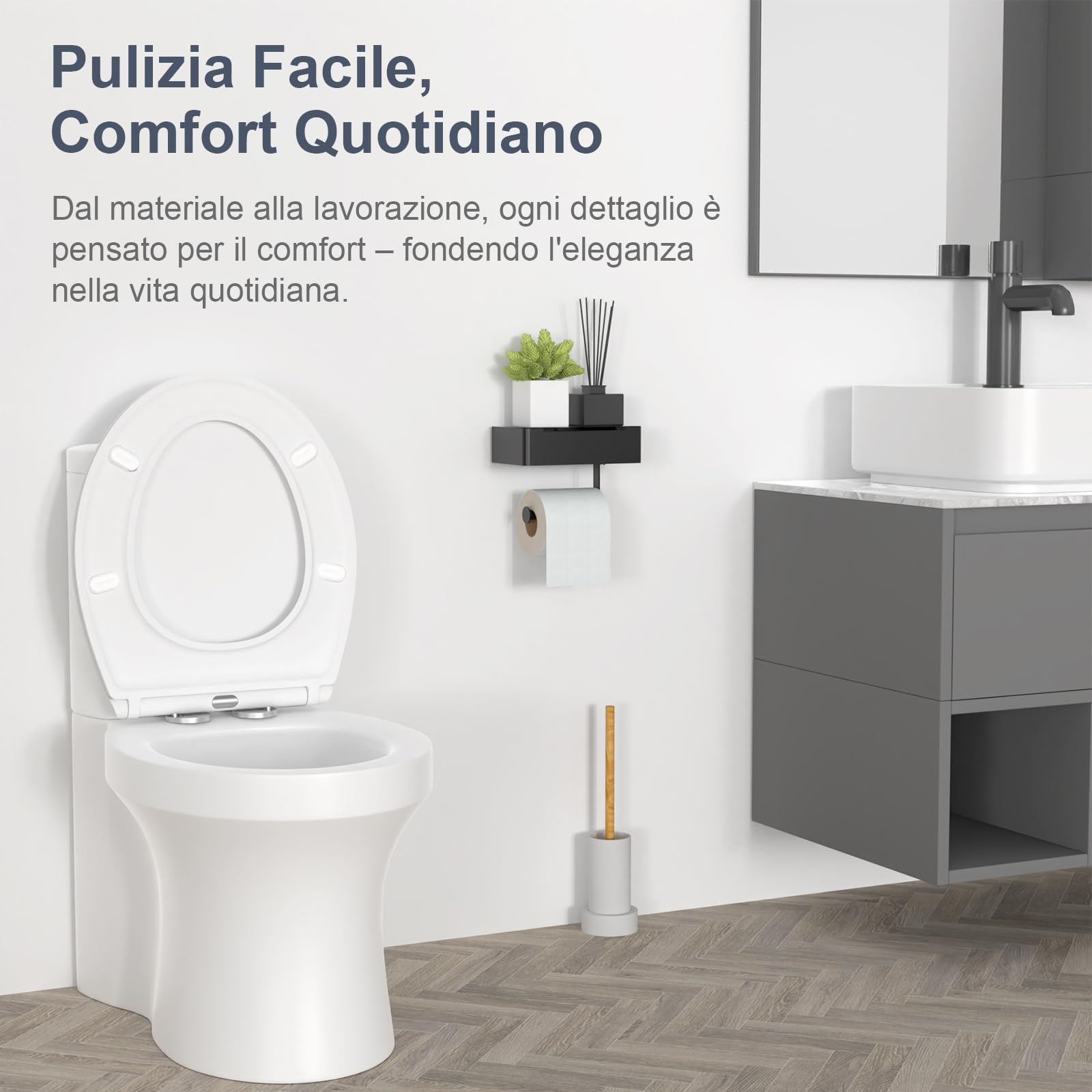 SURFOU Tavoletta WC con Chiusura Ammortizzata, Duroplast di Alta Qualità, Forma a O, Sgancio Rapido per Facile Pulizia, Supporta fino a 200 kg, con Gancetti in Gomma per Fissaggio Stabile