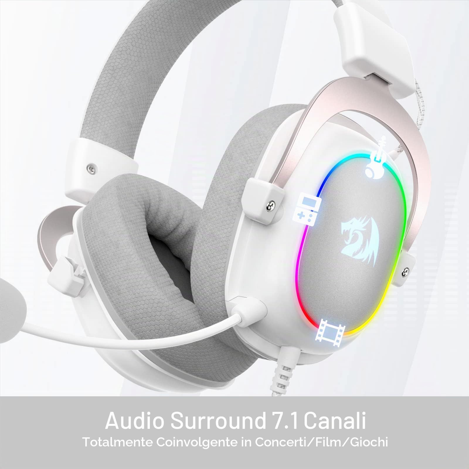 Redragon Zeus-X H510 Cuffie Gaming Cablate RGB 7.1 Surround | Driver audio da 53 mm, cuscinetti memory foam, tessuto resistente, cuffie multipiattaforma