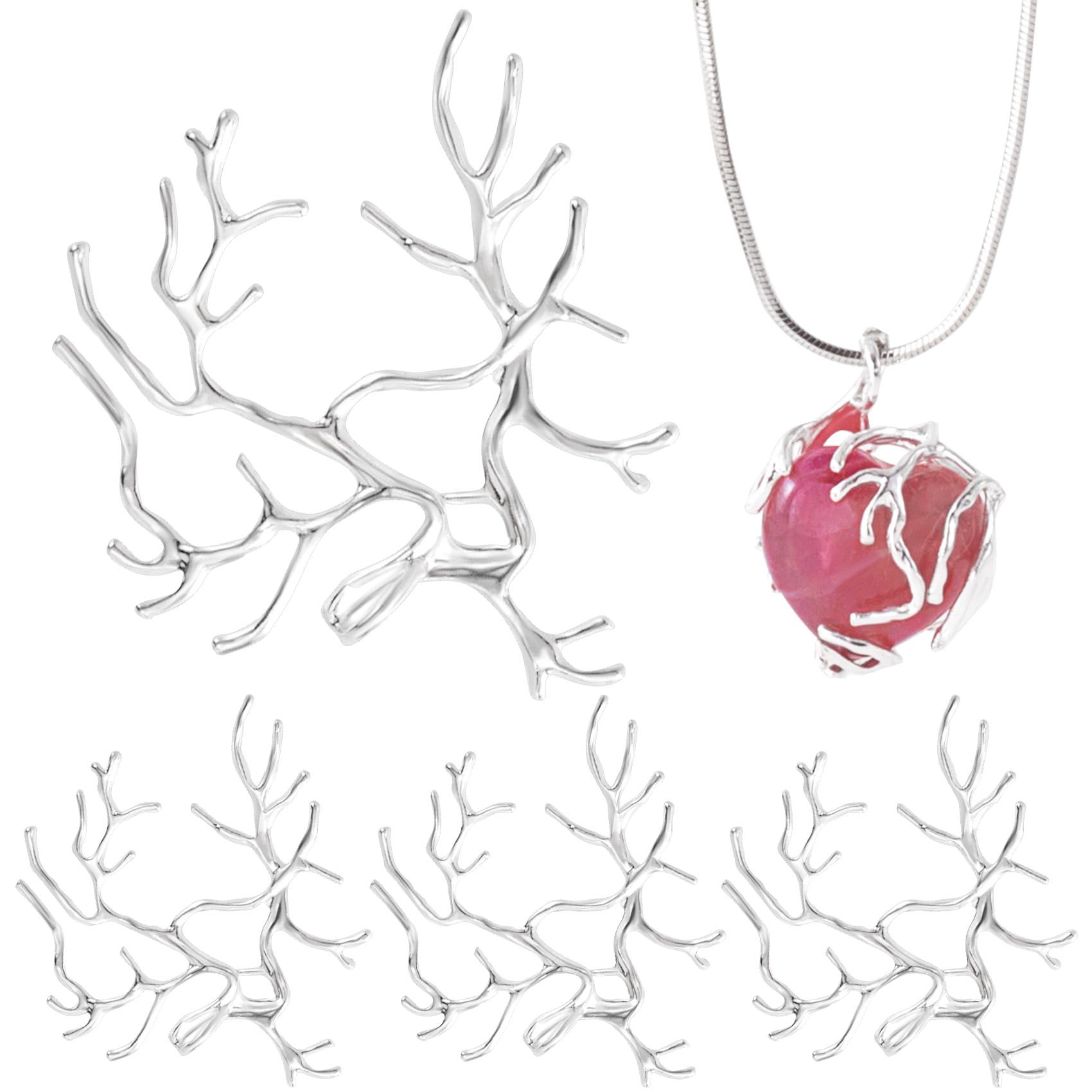 Isslly 4pcs Branch Shape Blanks for Jewelry Making, Adjustable Claw Pendant Trays, Hypoallergenic Brass Branch Prong Pendant Bezels for Bracelet Earrings Necklace Bracelet Earrings DIY Crafts- Silver