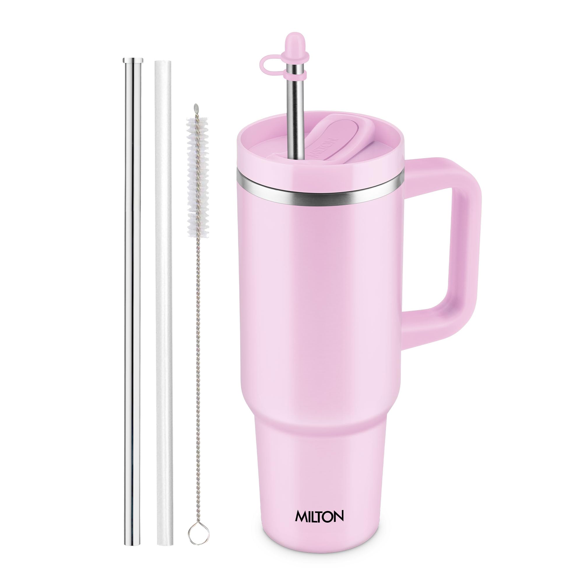 MILTON Malmo 1200 Thermosteel Double Wall Vacuum Insulated Stainless Steel Water Tumbler with Handle 1100ml,Travel Mug with Straw,Silicon Cap,Cleaning Brush,Hot & Cold Beverage Flask,Pink