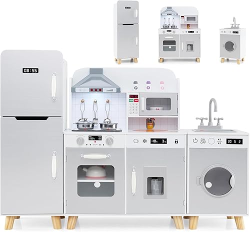 HONEY JOY Juego de cocina para niños, 3 piezas, modular de madera de esquina, juego de cocina, refrigeradorlavadora y fregadero, campana extractora