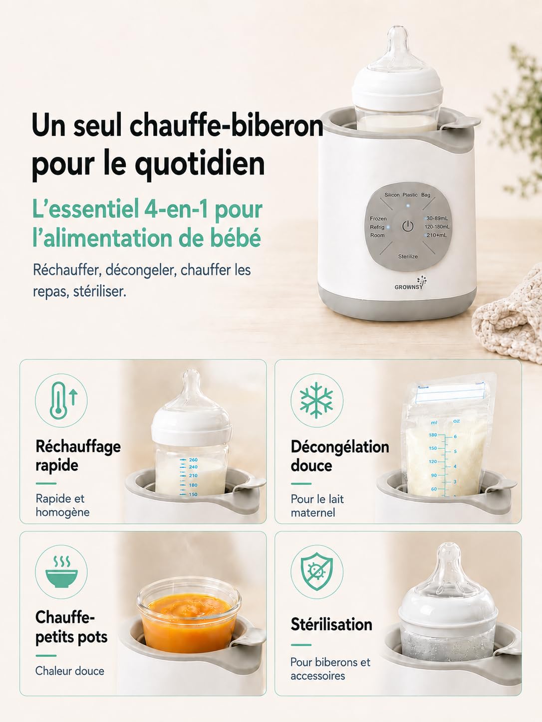 Chauffe Biberon, Grownsy Chauffe Biberon Bébé Électrique Rapide 9 en 1 pour Lait Maternel ou Formule Technologie de Bain-marie, Arrêt Automatique Sans BPA Stérilisateur