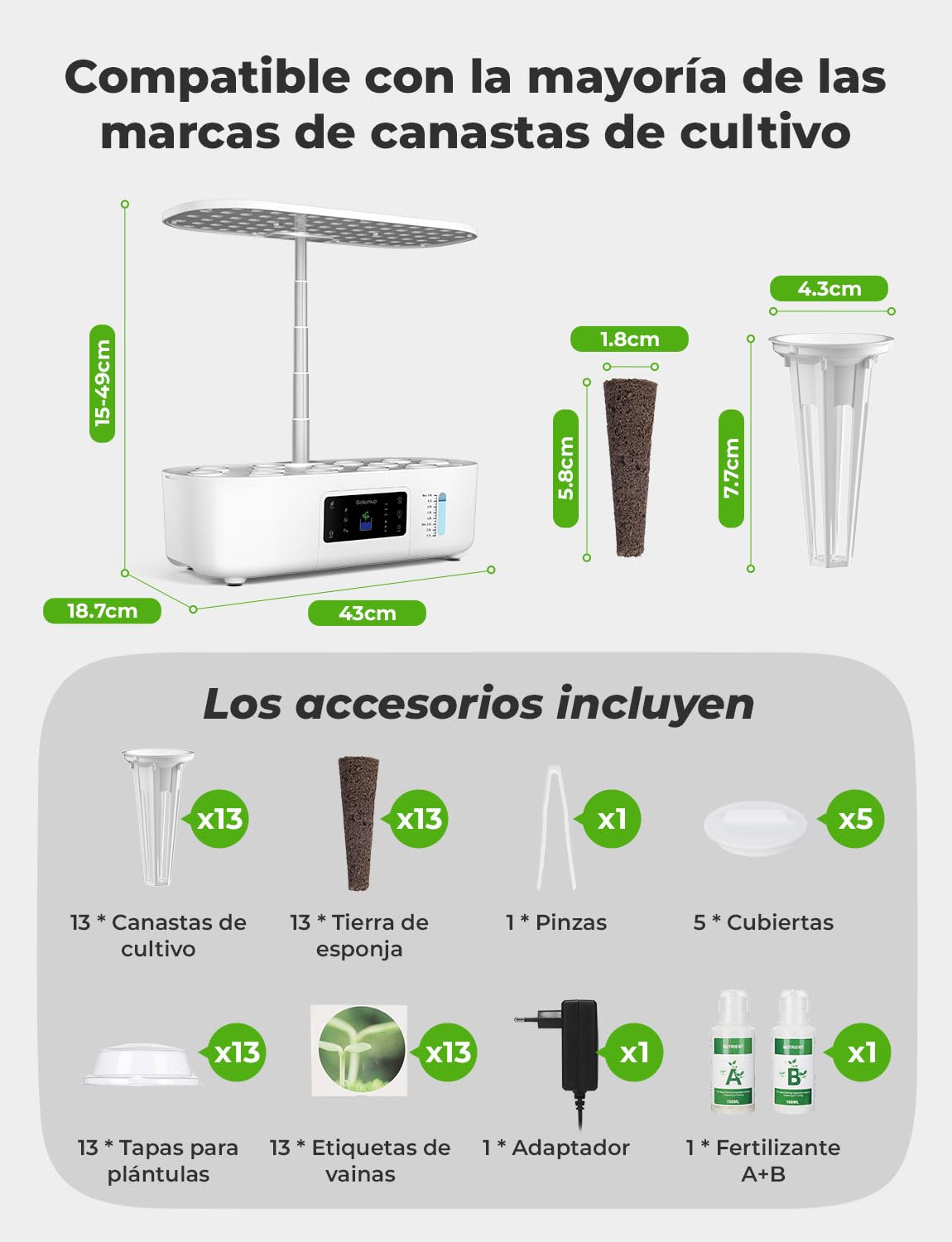 Sistema de Cultivo Hidropónico Kit de Cultivo Interior con Iluminación LED Automática, Huerto Interior con Temporizador Automático, Altura Ajustable (13 Vainas)