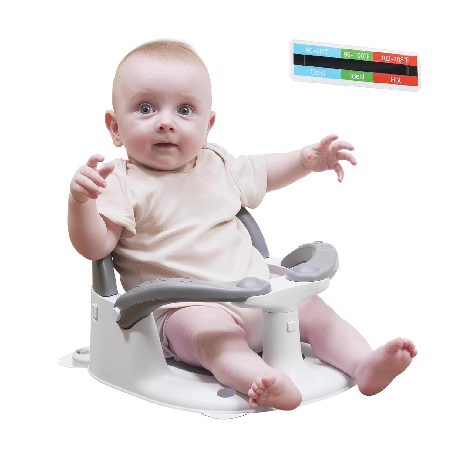 Wdbb Baby Bath Seat 6-18 Months: 360° Stable Toddler Bath Chair, One-Touch Release, Back Hollow, Temp Card & 4 Suction Cups (Gray)
