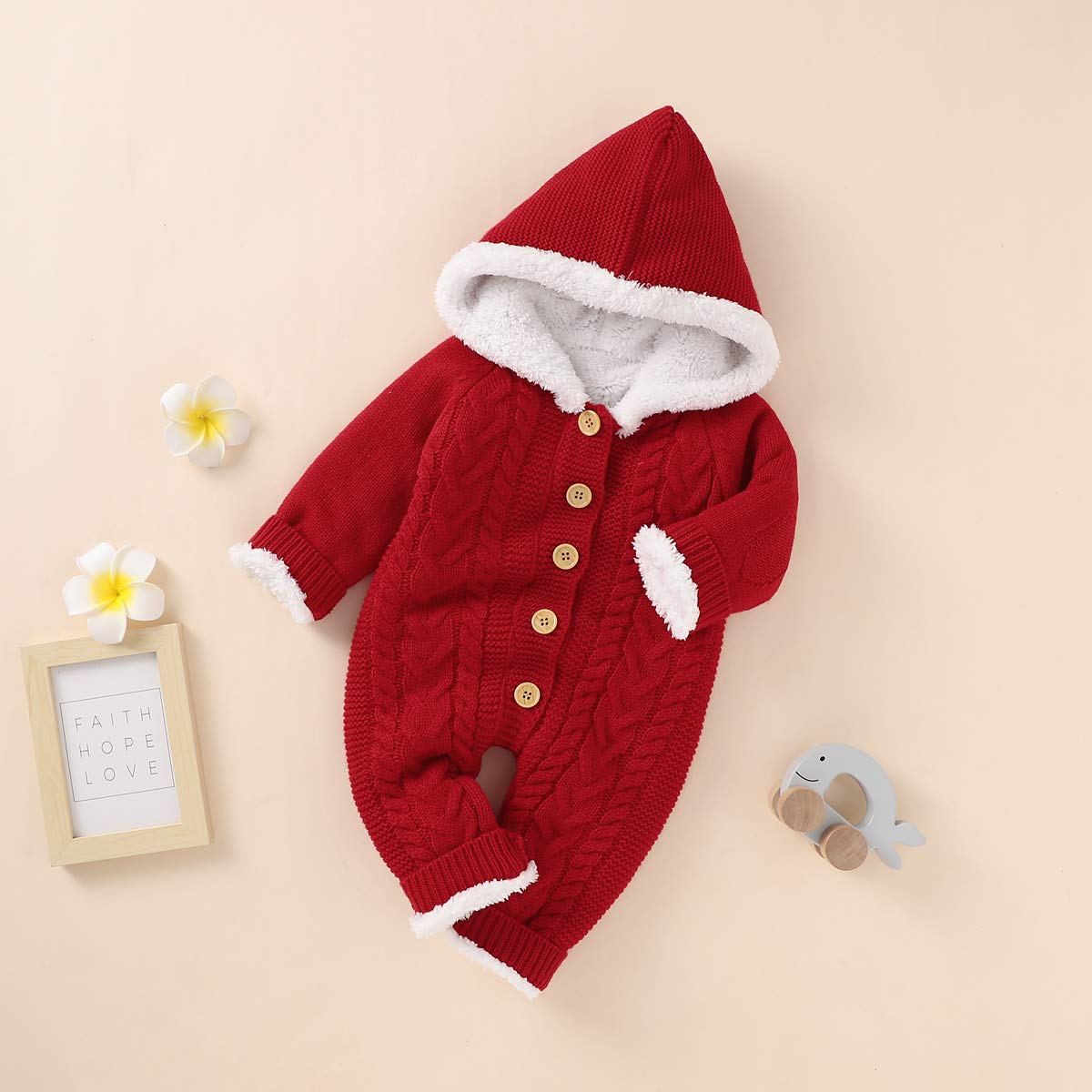 Hinzonek Bébé Tricoté Polaire Doublé Combinaison de Neige Infantile Garçon Fille Hiver Chaud Barboteuse Combinaison Vêtements de Noël