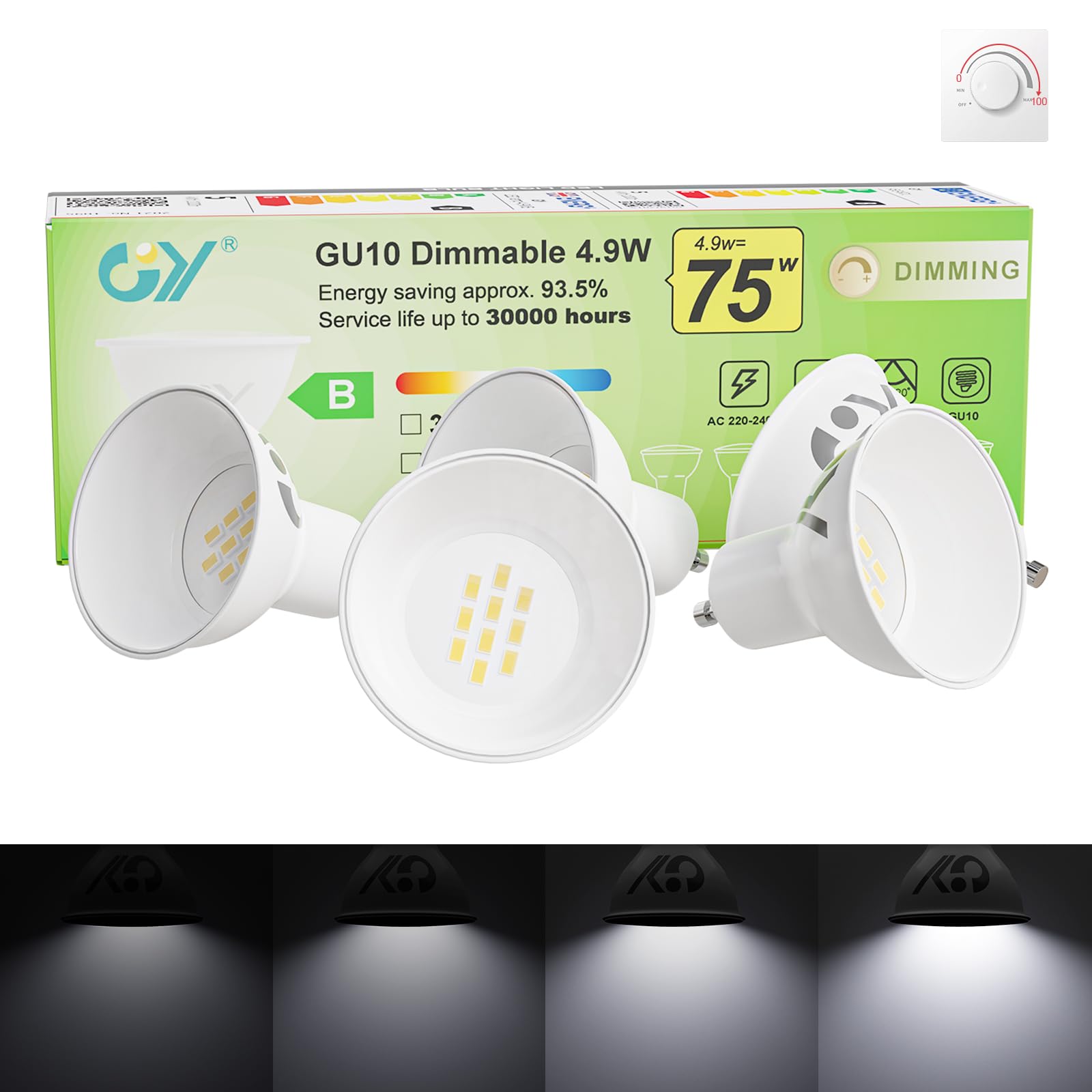 GY GY Dimmable GU10 Cool White LED Bulb, 4.9W 790LM 6500K High Energy Efficient Light Bulbs,Equivalent to 75W,120° Beam Angle,5-Pack