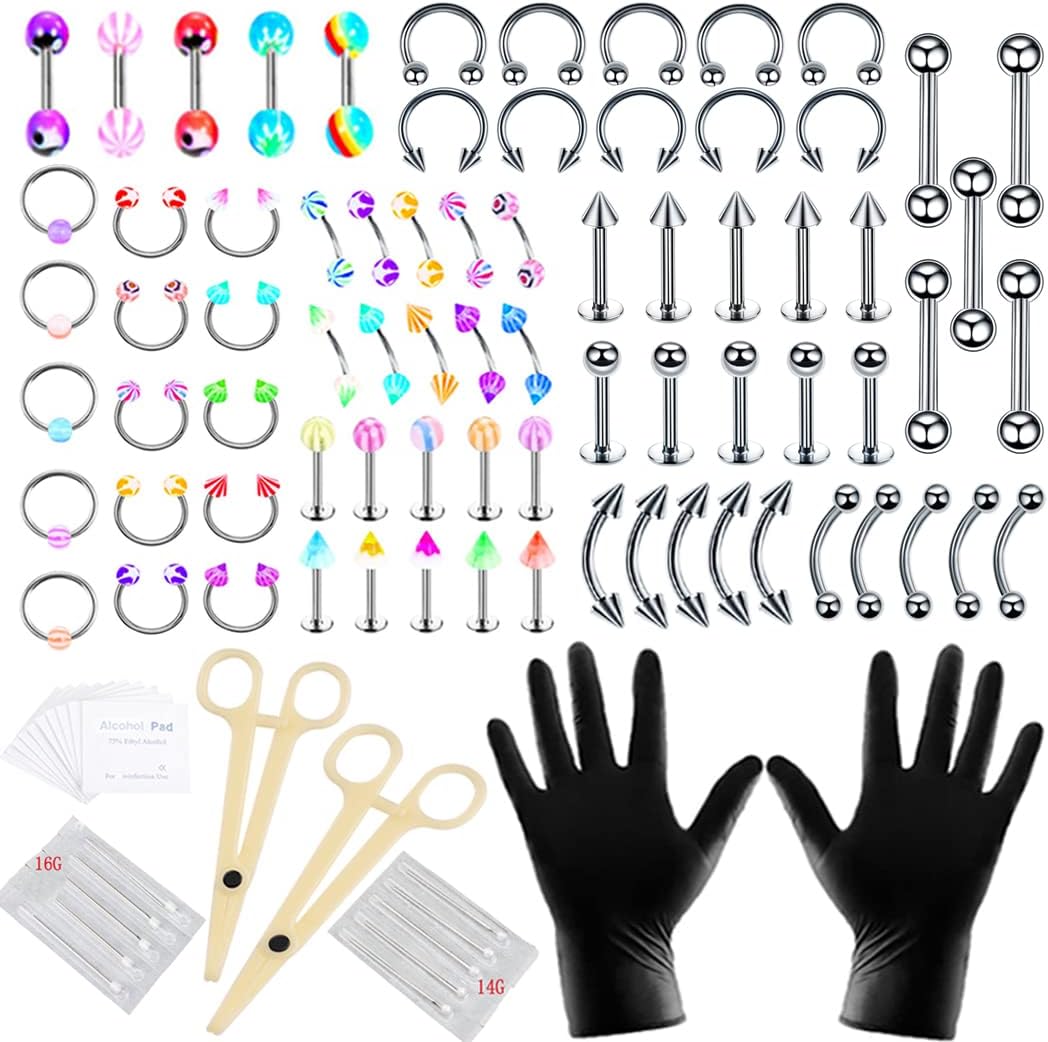 Piercing Kit, Body Piercing Kit Stainless Steel Acrylic 14G 16G Colorful Piercing Jewelry Body Piercing Jewelry Kit Nose Septum Lip Tongue Eyebrow Tragus Helix Belly Piercing Jewelry Needles Kit