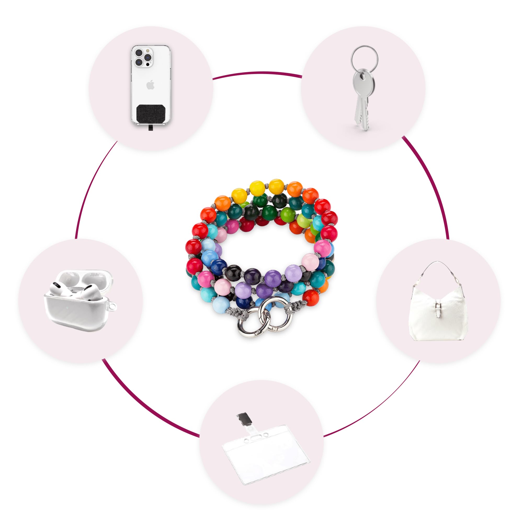 Cadena para teléfono móvil, cadena de perlas de madera en varios colores y longitudes, compatible con teléfonos móviles como Apple iPhone 14, 13, 12, 11, etc. (110 cm, arco iris), Madera