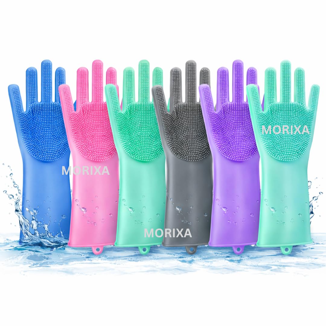 MORIXA Magic Silicone Cleaning Gloves (1 Pair Multicolour) Heat Resistant & Non-Slip Dishwashing Gloves for Kitchen, Bathroom, Car Cleaning & Pet Grooming | Reusable Soft Scrubber Gloves 2