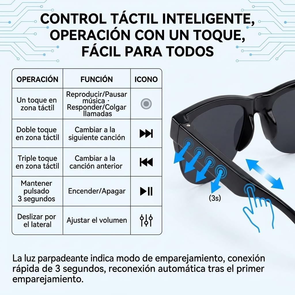 Genérico Gafas Inteligentes de Sol Bluetooth con IA y Traducción de Voz,Smart Glasses Audio para Llamadas y Música, Micrófono Antirruido para Bici y Running, Compatibles con iOS y Android - Negro