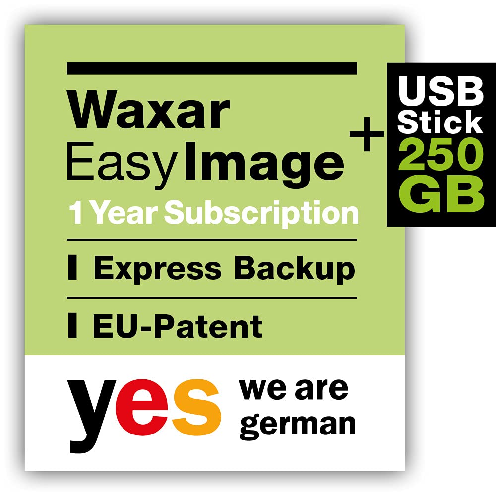 Waxar EasyImage-250 Bundle, High-End Backup Software inklusive Speicher 256GB, läuft sofort ohne Installation, kompatibel mit Windows | Mac | Linux, Laptop-Edition, 1 Gerät, 1 Year Subscription, DE
