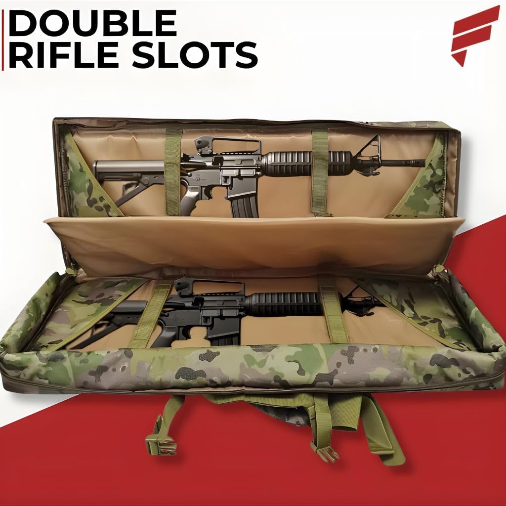 Tactical Double Rifle Soft Case – Water-Resistant Gun Bag w/Lockable Zippers, Backpack Straps, MOLLE & Padded Handle and Divider for Hunting, Shotguns, & More