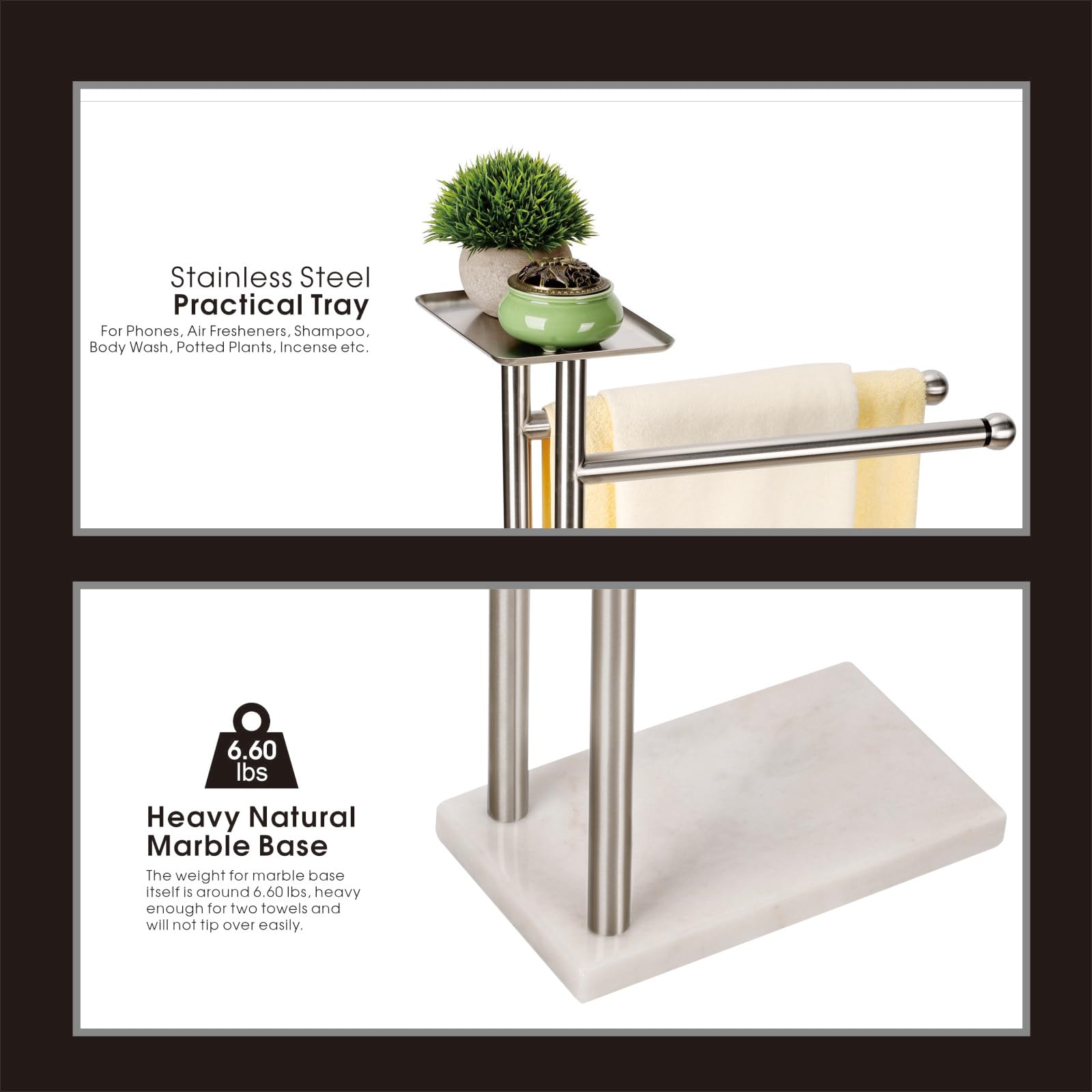 Songtec Toallero para baño, soporte para toallas de baño de 2 niveles para toallas de baño de máximo a 68 pulgadas, práctico estante en la parte superior