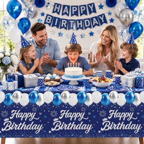 Image of 4 Pack Blue and Silver Happy Birthday Tablecloths, 54 x 108 Inch Covers | Blue and Silver Birthday Party Decorations for Boys, Teens and Men, Ideal for Cake, Dessert, Gift and Buffet Tables