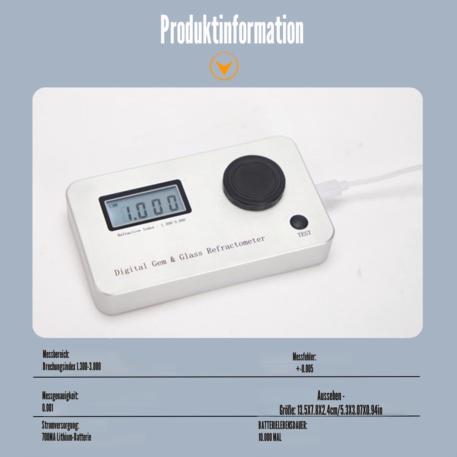 Leichtes Edelstein-Refraktometer, digitales Edelstein-Refraktometer, Messfehler: ±0,005/Genauigkeit: 0,001/Brechungsindex 1,300–3,000