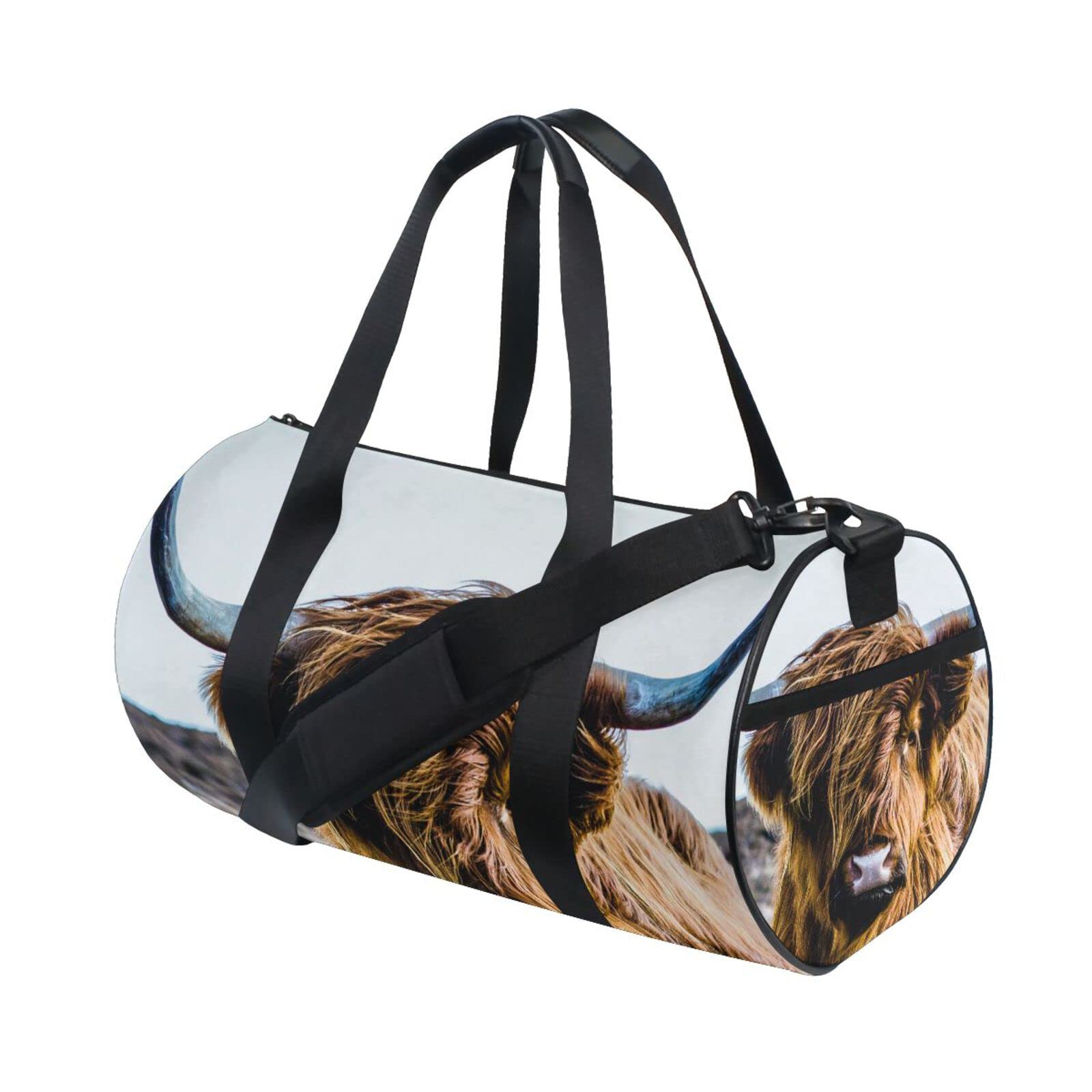 Earth-yellow Scottish Highland Cow Vintage Style Duffel Bag, Foldable Canvas Travel Tote for Gym Sports with Inner Pockets, Durable Lightweight Fitness Bag for Overnight Workout