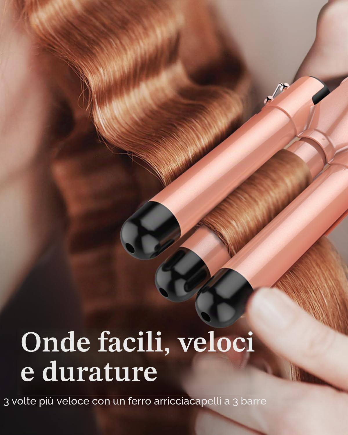 BESTOPE PRO Set Ferro Onda 5 in 1 - Include 3 cilindri in ceramica per creare grandi onde, inclusa regolazione della temperatura, riscaldamento rapido e guanto, 2 clip, oro rosa