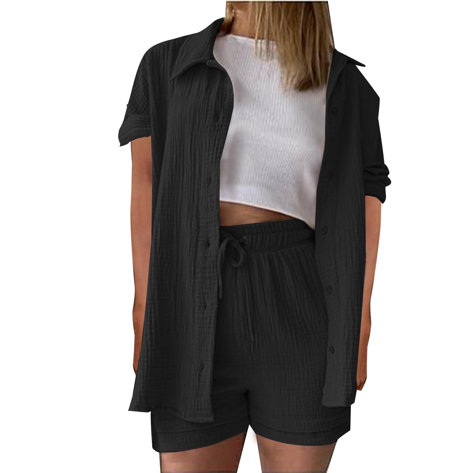 Generisch Zweiteiler Damen Sommer Outfits Musselin Bluse und Shorts, Aesthetic 2 Teiler Lounge Set Elegant Baumwolle Sportanzug Oversize Hosenanzug Langarm Hausanzug Y2K Clothes Musselin Bluse Damen