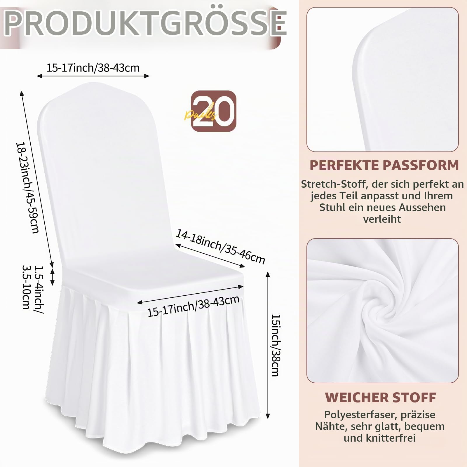 Showgeous 20 Stück Stuhlhussen Weiß Polyester Spandex Lycra Stretch Stuhlhussen mit Rock,Esszimmer Hochzeit Stuhlhussen Universelle Waschbare Stuhlhussen für Hochzeitsfeier Bankett Dekoration