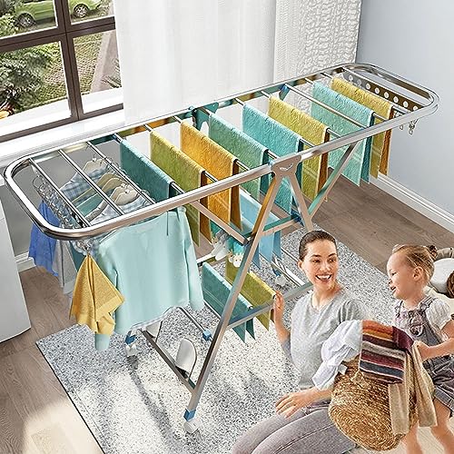 Foldable large capacity Stainless Steel Clothes Drying Rack with Wheels, 180cm Laundry Stand Organizer - Portable and Space Saving Garment Rack for Outdoor Use - Image 2