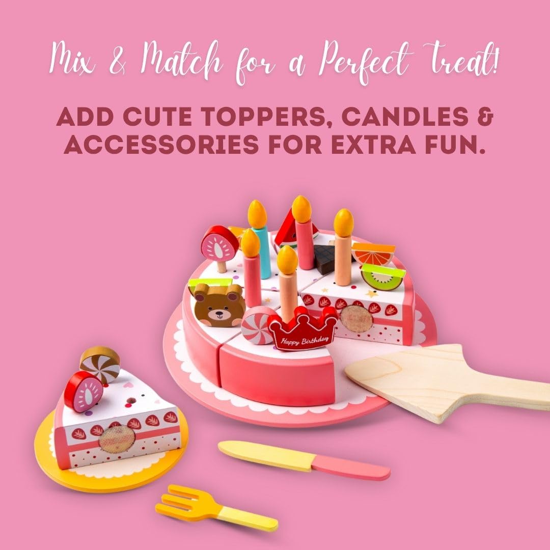 Cots and Cuddles Wooden Birthday Cake Pretend Play Set for Kids | 6 Slice Cuttable Cake with Candles, Toppings & Server | Imaginative Role Play Toy for Toddlers Age 3+ - Image 4 thumbnail