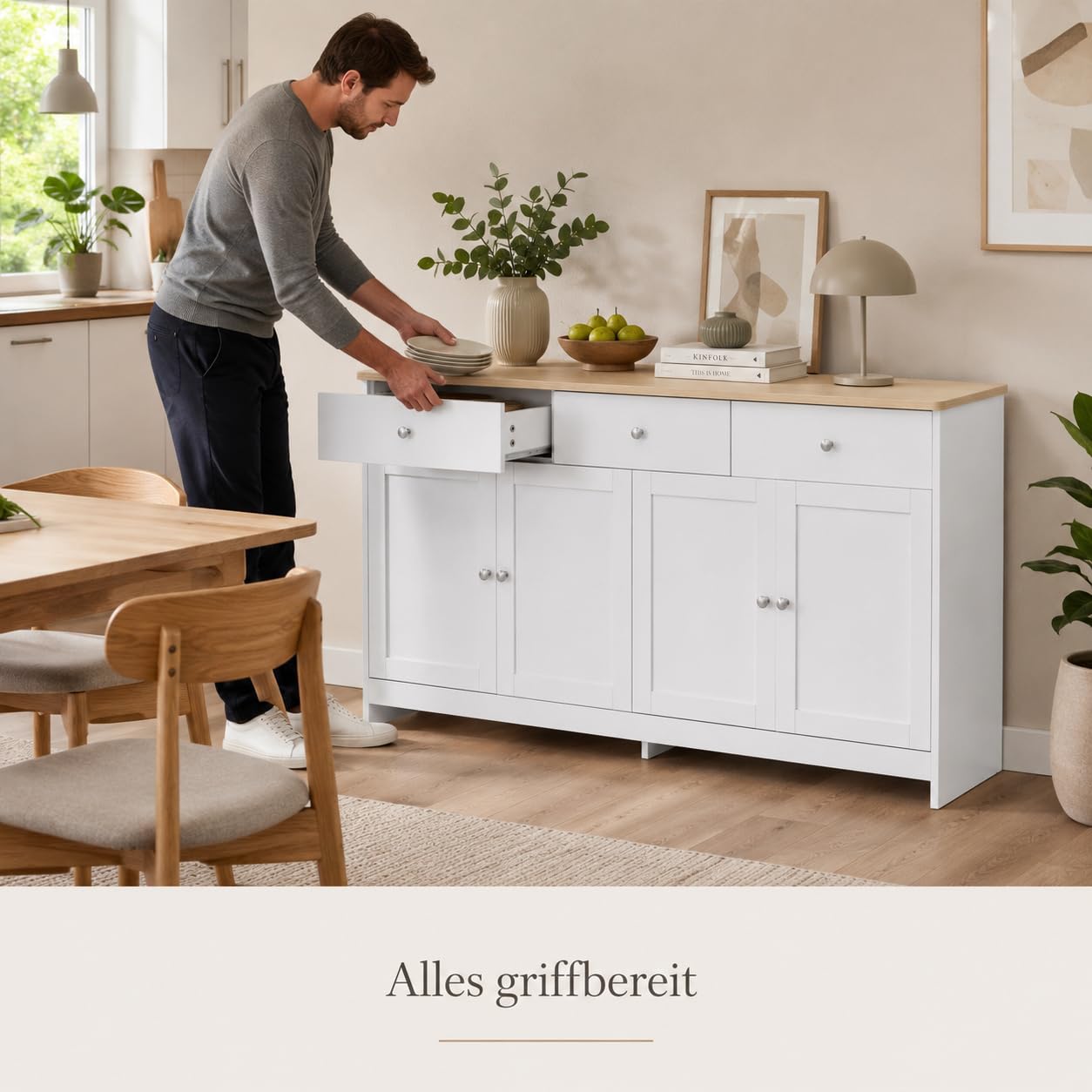 Sideboard Wohnzimmer, Sideboard Weiss Holzmaserung, Küchenschrank Buffetschrank Mit 3 Stauraum Schublade Und 4 Türen, Kommoden Sideboards Für Wohnzimmer Esszimmer Flur