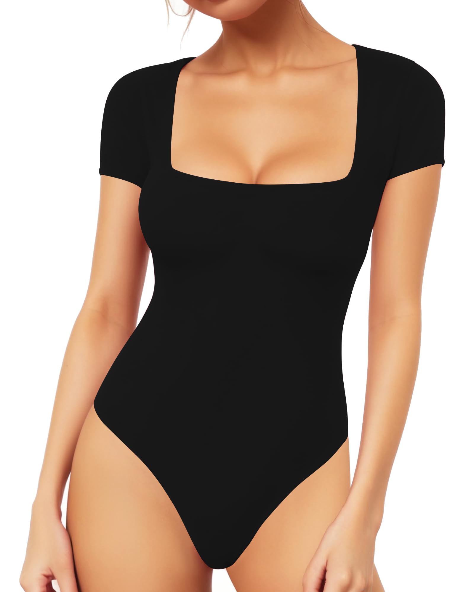 MANGOPOP Women's Square Neck Bodysuit Shirt Long Sleeve Short Sleeve Tops
